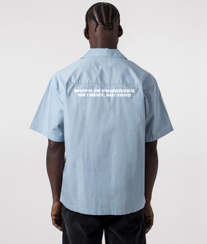 Carhartt WIP Short Sleeve Link Script Shirt in Frosted Blue and White, 100% Cotton. Model Back Shot at EQVVS