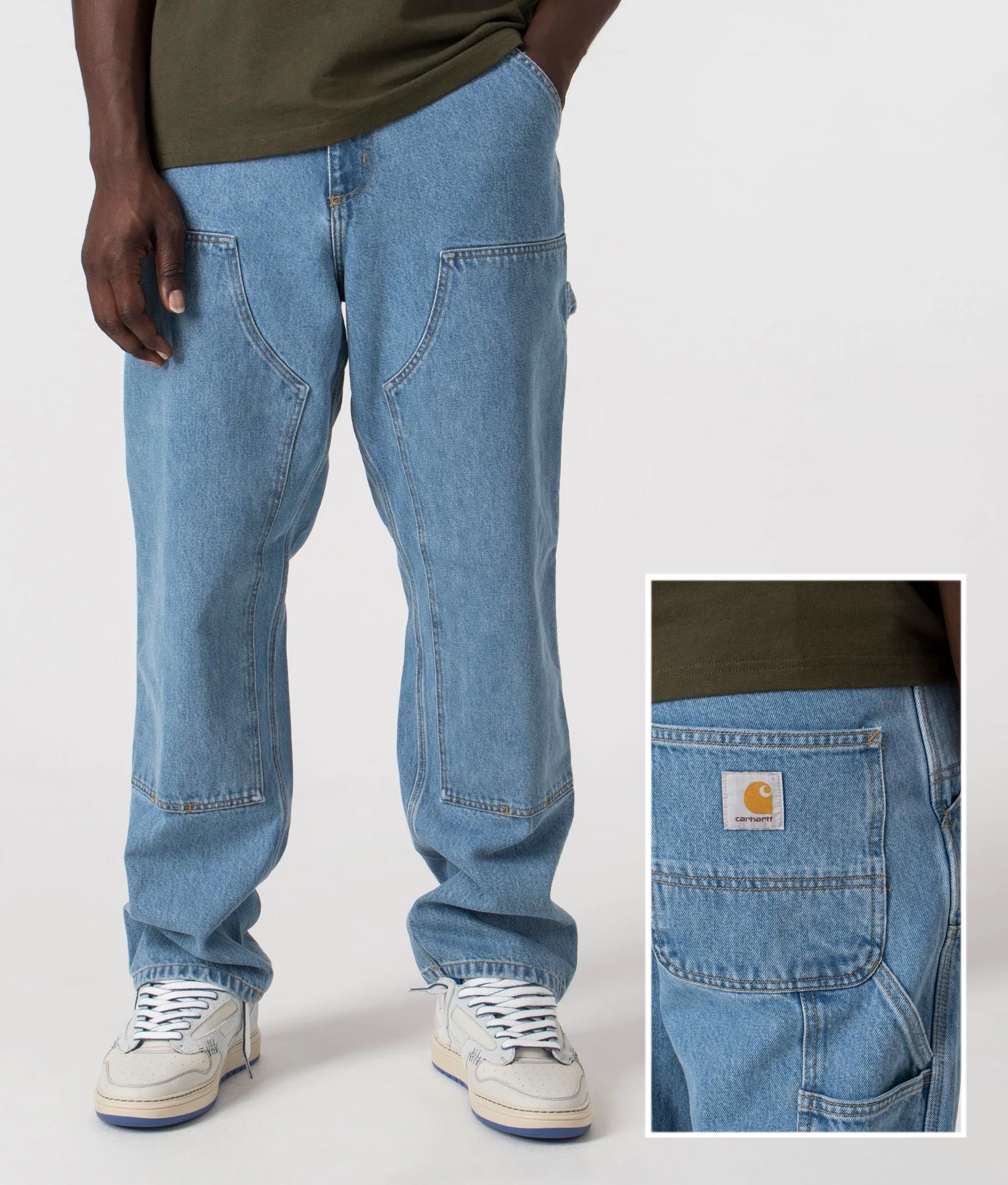 Relaxed Fit Double Knee Pants in Blue Stone by Carhartt WIP. EQVVS Front and Detail Shot.