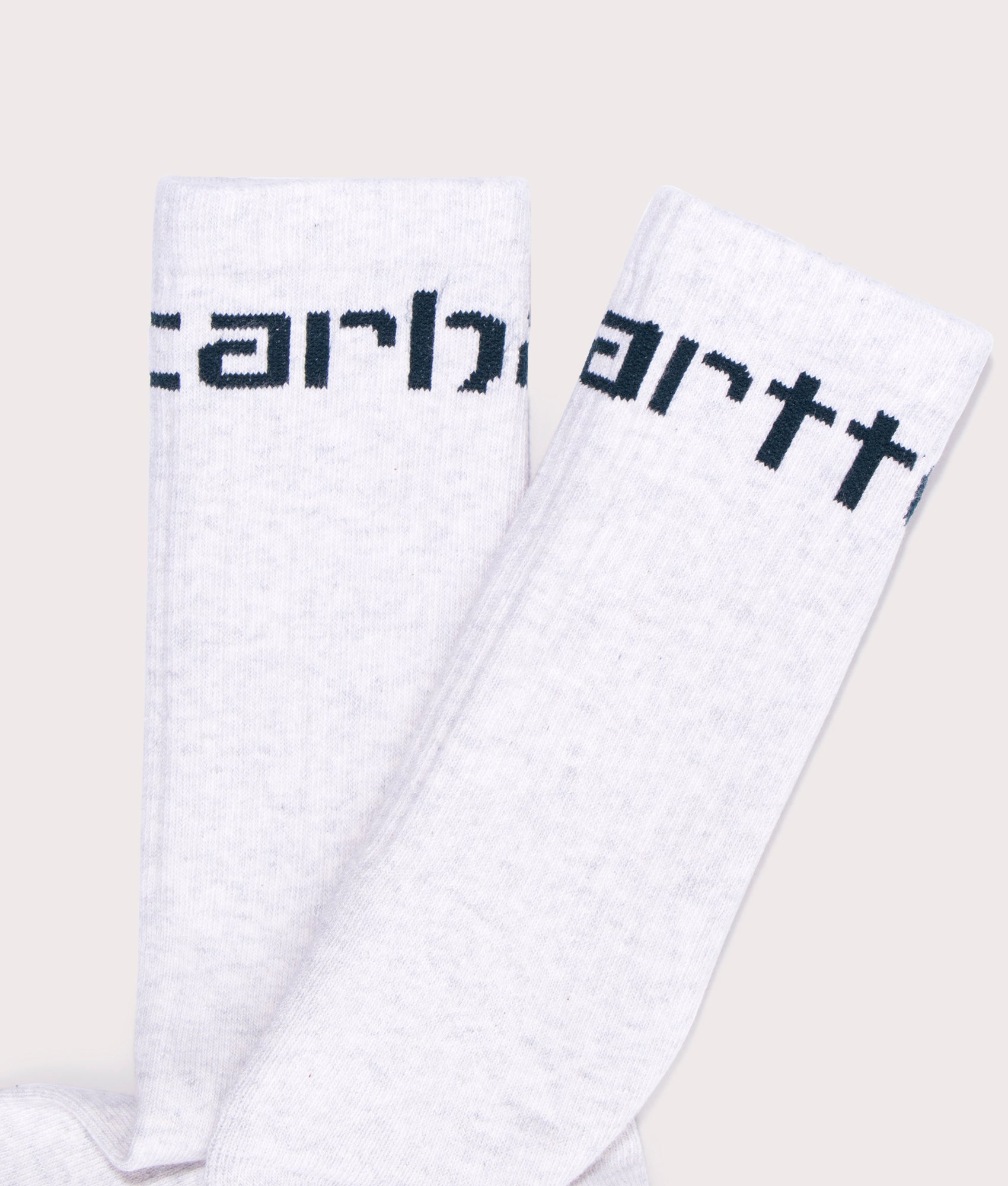 Carhartt Logo Socks in Ash Heather with Duck Blue Carhartt branding. Detail shot at EQVVS