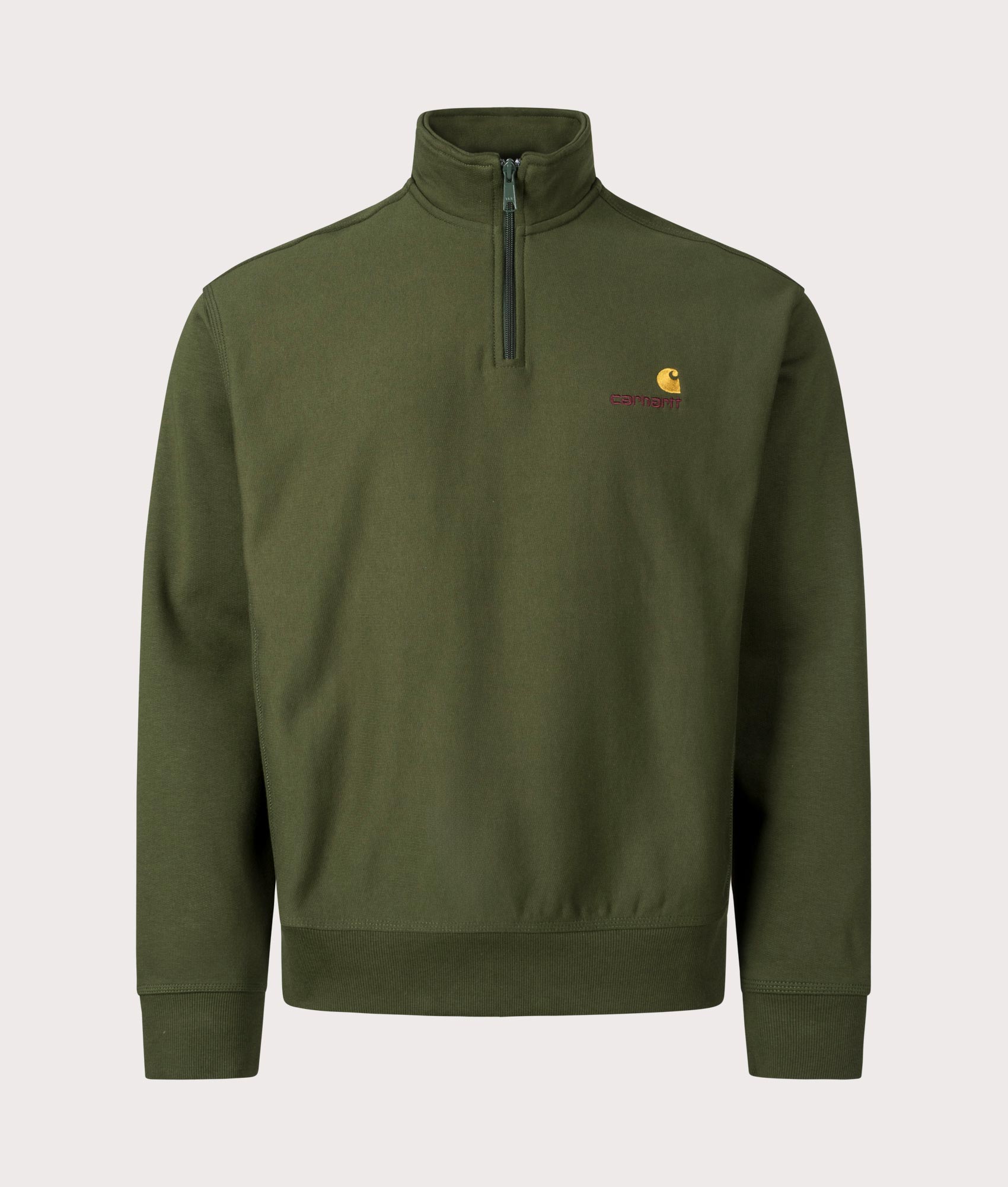 Carharrt WIP Relaxed Fit Half Zip American Script Sweatshirt in tarragon. At EQVVS Menswear. Front detail shot