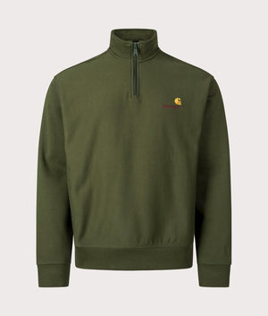 Carharrt WIP Relaxed Fit Half Zip American Script Sweatshirt in tarragon. At EQVVS Menswear. Front detail shot