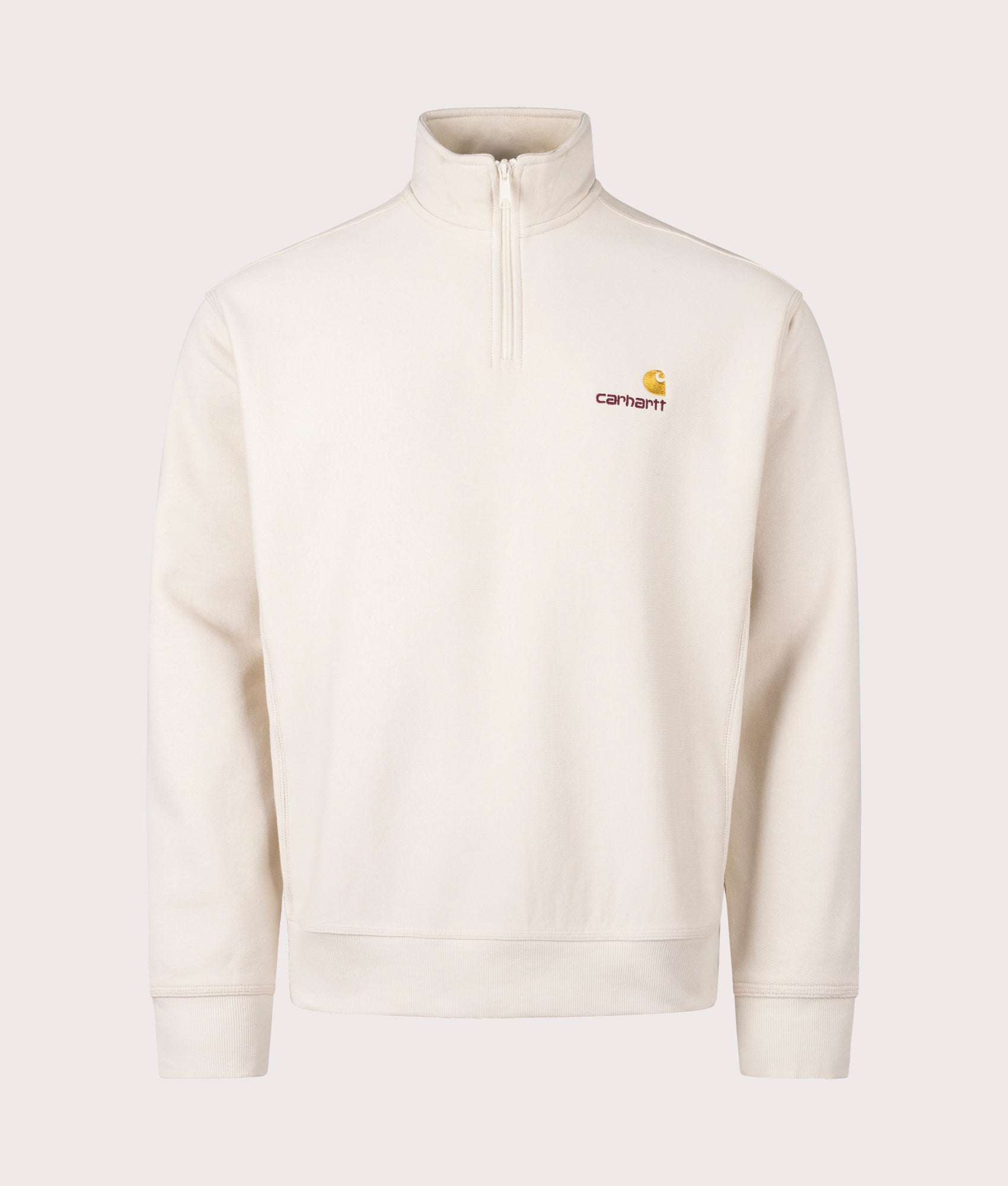 Carhartt WIP Relaxed Fit Quarter Zip American Script Sweatshirt in Moonbeam White at EQVVS Menswear. Front shot.