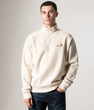 Carhartt WIP Relaxed Fit Quarter Zip American Script Sweatshirt in Moonbeam White at EQVVS Menswear. Model front shot.