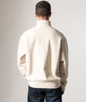 Carhartt WIP Relaxed Fit Quarter Zip American Script Sweatshirt in Moonbeam White at EQVVS Menswear. Model back shot.