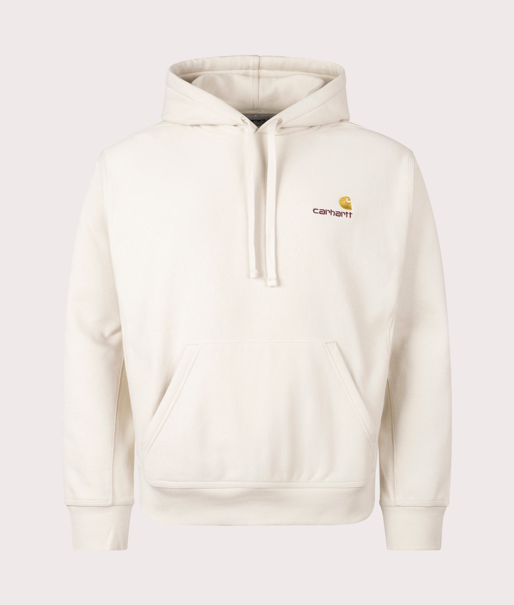Carhartt WIP Hooded American Script Sweatshirt in Moonbeam at EQVVS. Front Shot. 