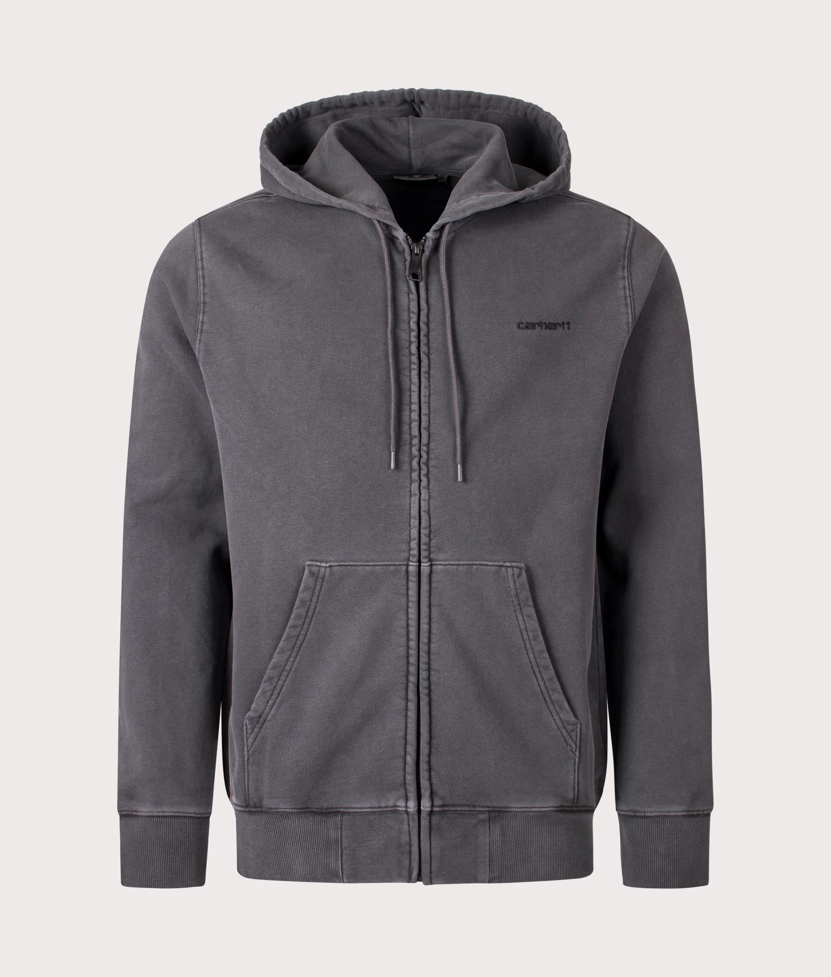 Carhartt WIP Relaxed Fit Duster Script Zip Through Hoodie in Black. Front angle shot at EQVVS.