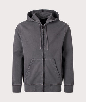 Carhartt WIP Relaxed Fit Duster Script Zip Through Hoodie in Black. Front angle shot at EQVVS.