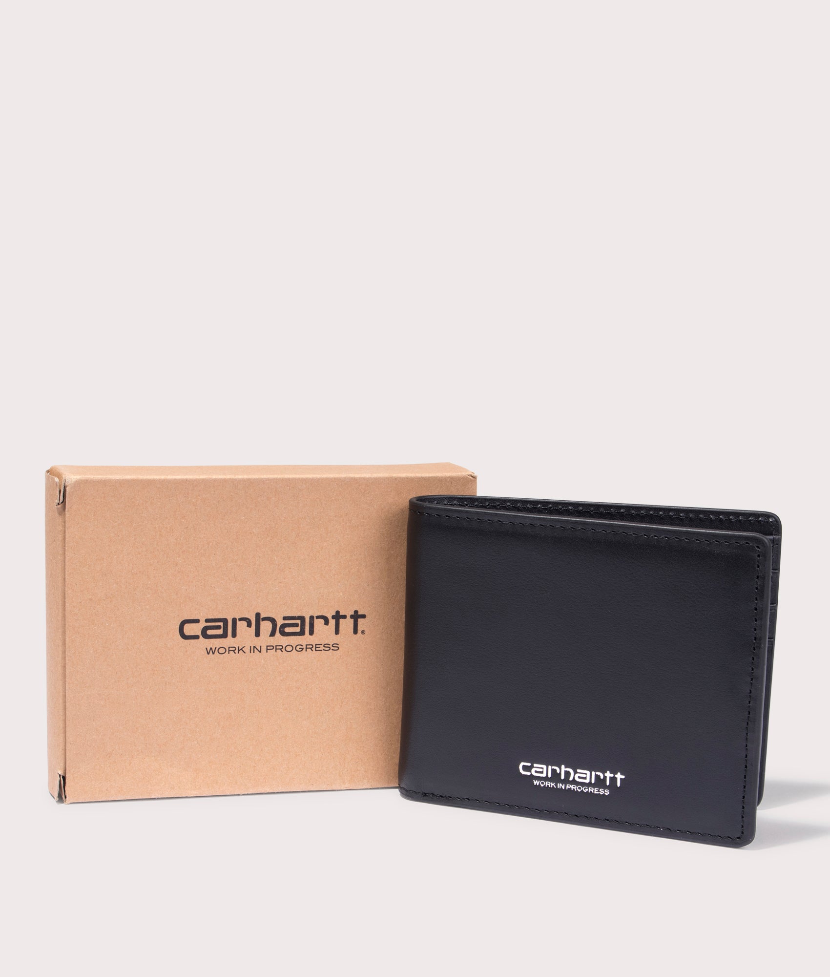 Carhartt WIP Vegas Billfold Wallet in black with silver branding at EQVVS Box Shot