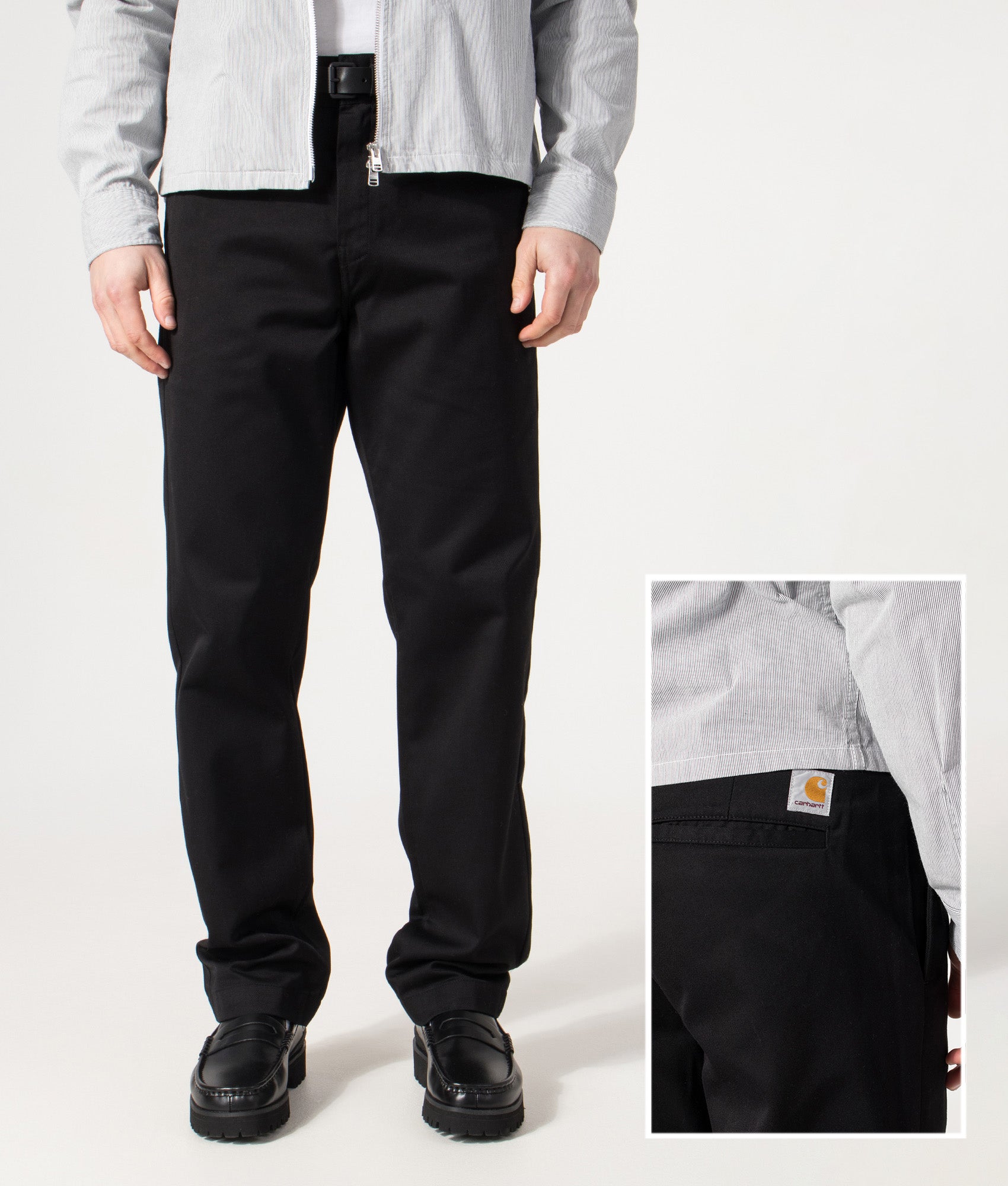 Carhartt WIP Relaxed Fit Tapered Master Pants in Black at EQVVS Menswear. Front and back detail shot.