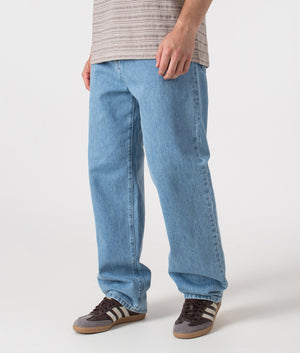 Relaxed Fit Aaron Pants in Blue. 100% Cotton  | Carhartt WIP | Shot at EQVVS | Front angle shot 