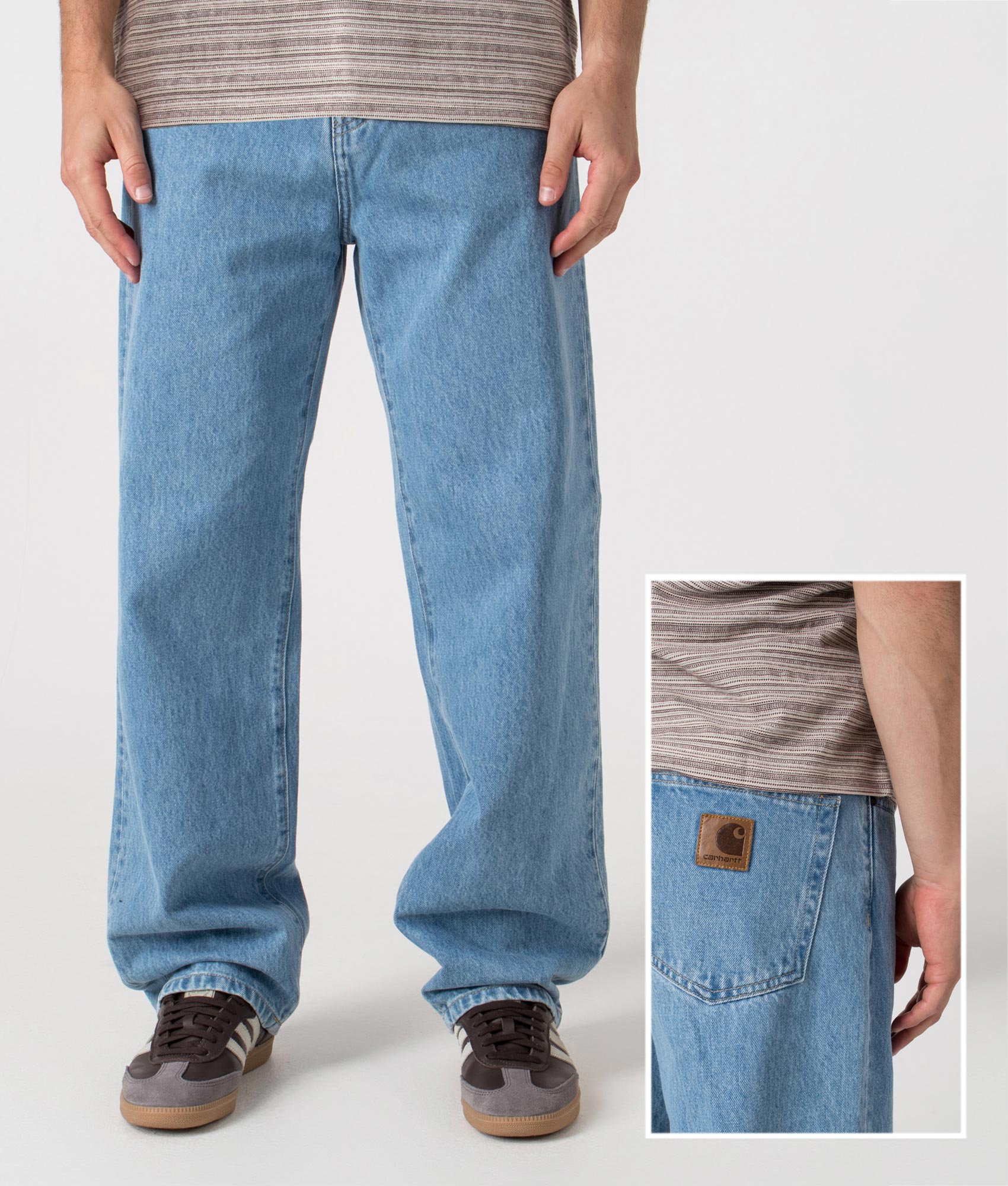 Relaxed Fit Aaron Pants in Blue. 100% Cotton  | Carharrt WIP | Shot at EQVVS | Front shot with back detail shot