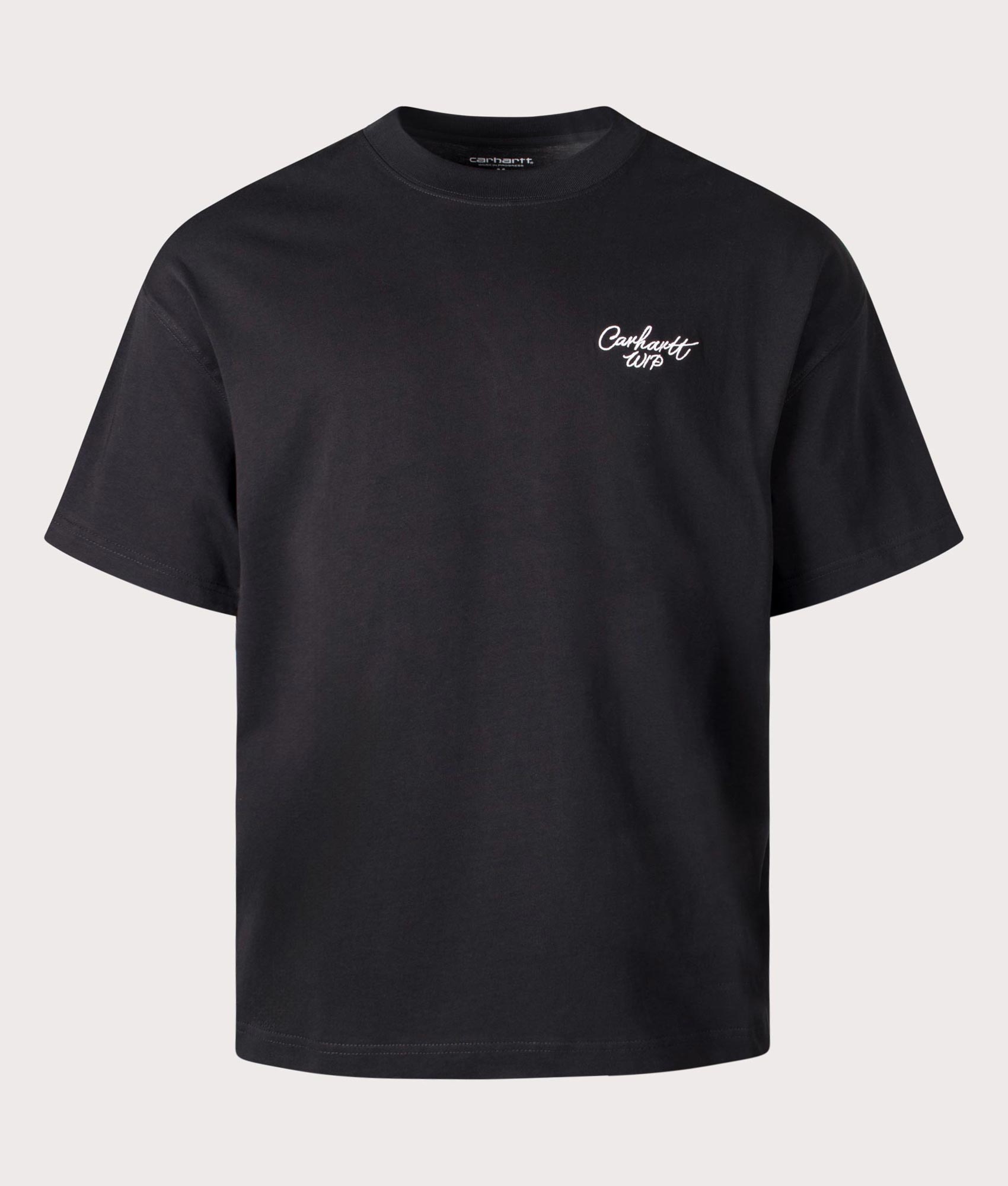 Carhartt WIP Signature Script T-Shirt in Black/Wax at EQVVS Menswear. Front shot.
