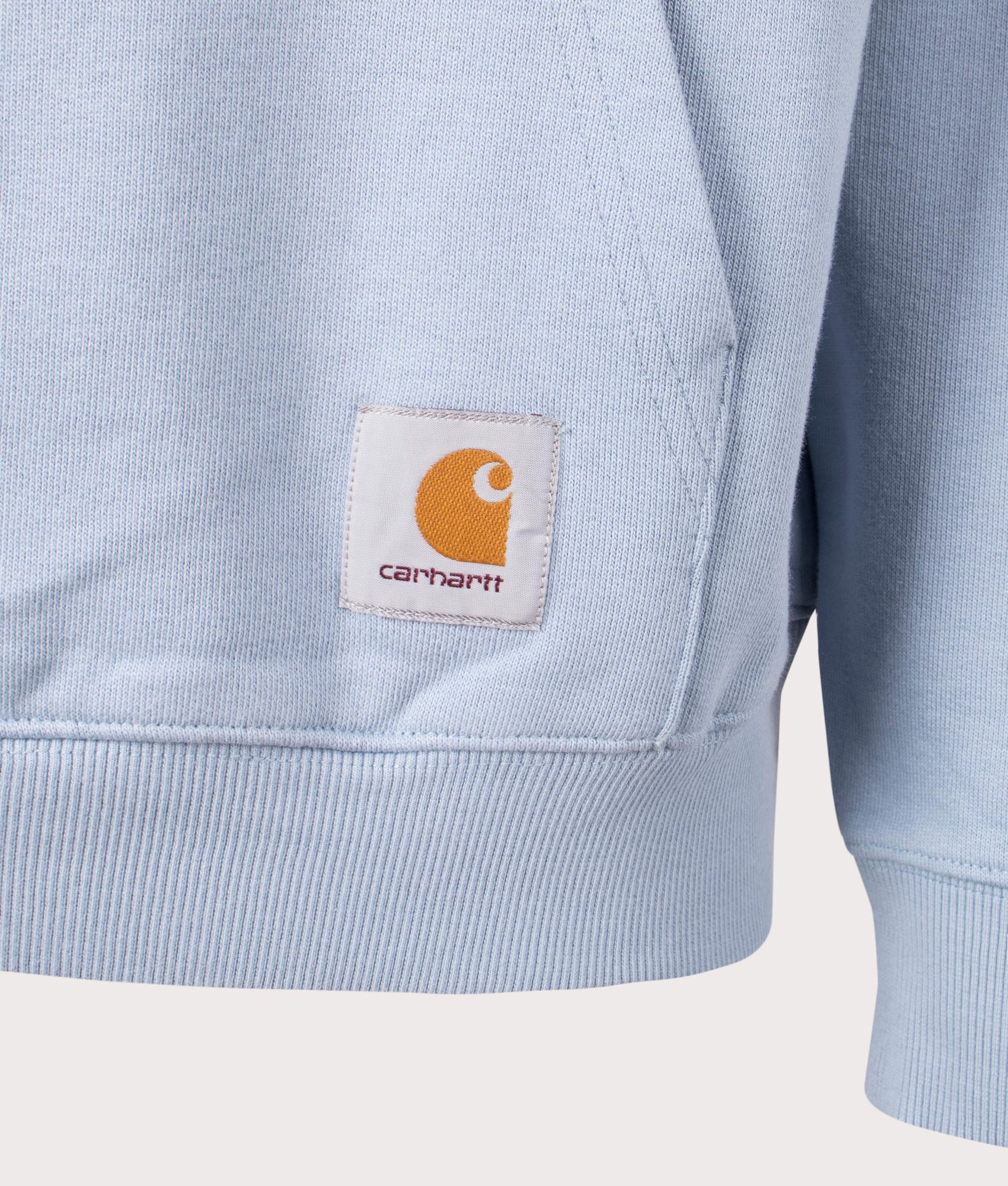 Carhartt WIP Oversized Billy Sweatshirt in Misty Sky. Detail angle shot at EQVVS.