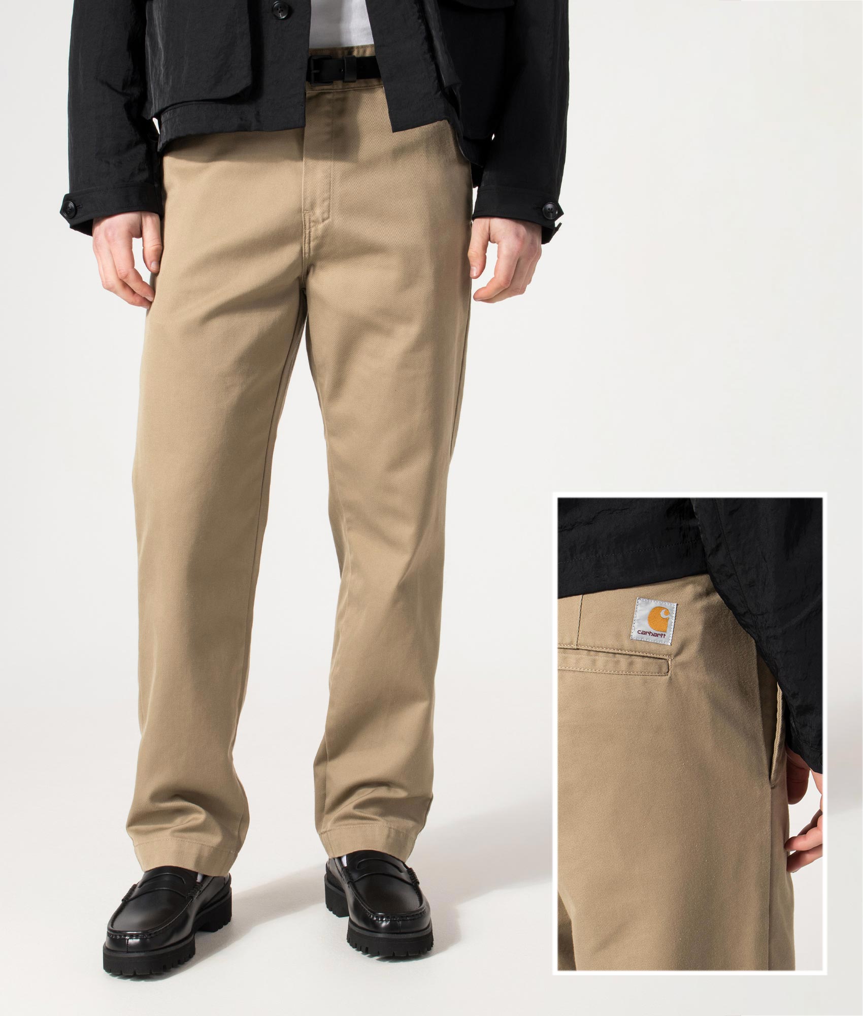Carhartt WIP Relaxed Fit Tapered Master Pants in Leather Rinsed at EQVVS Menswear. Front and back detail shot.