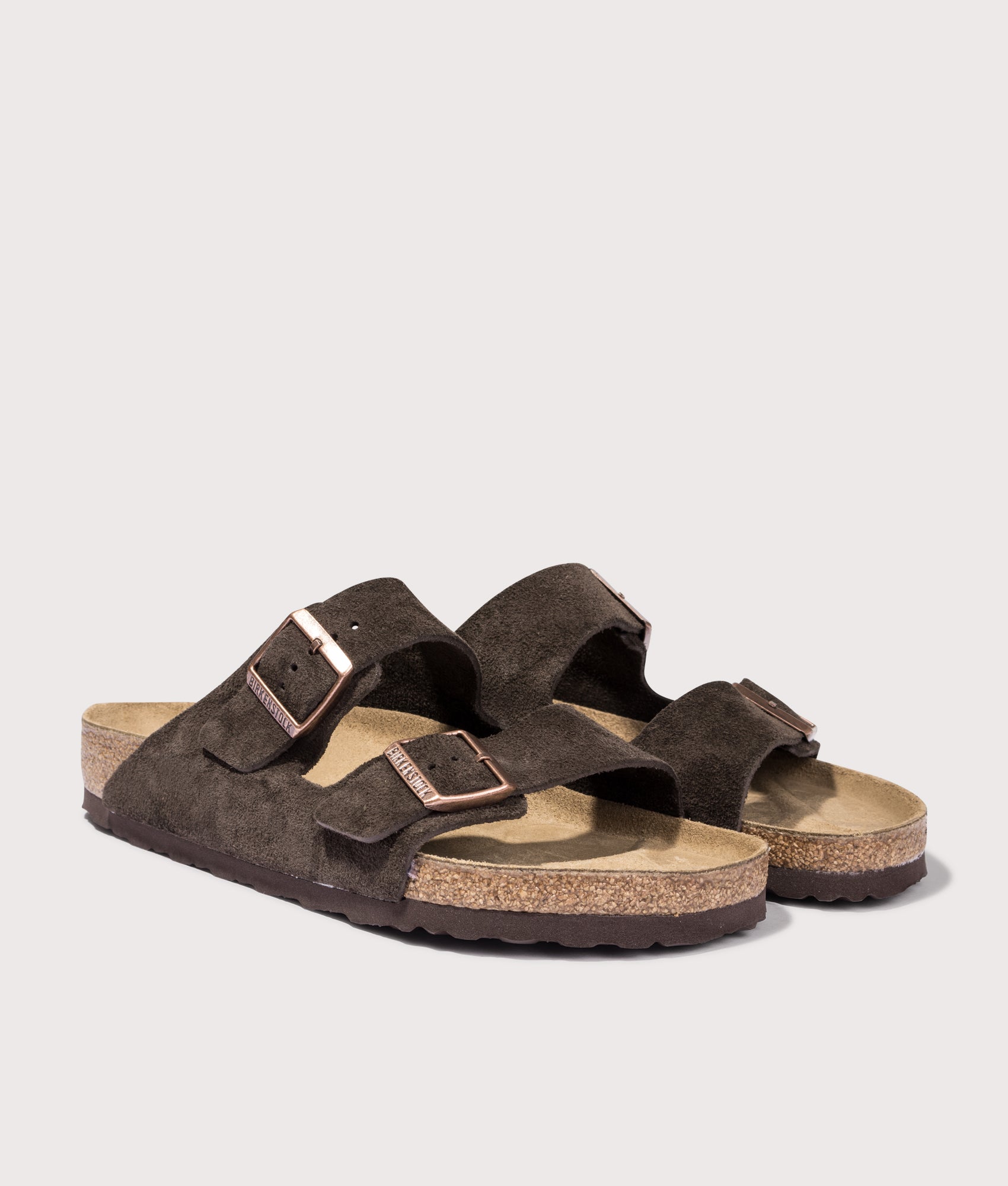 Birkenstock Arizona Suede Leather Sandals in Mocca. Shot at EQVVS. Front angle shot 