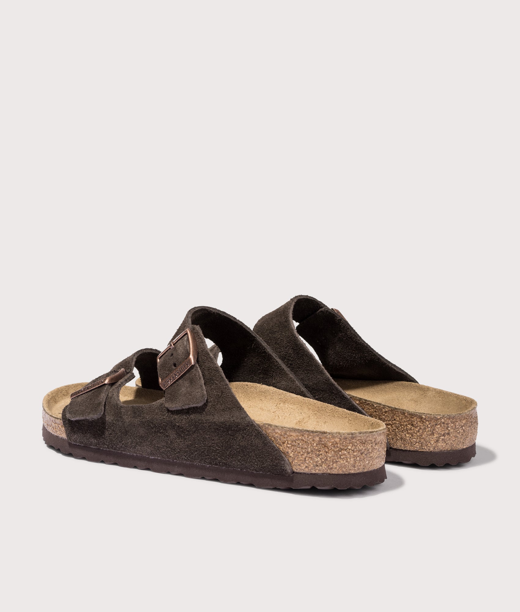 Birkenstock Arizona Suede Leather Sandals in Mocca. Shot at EQVVS. Back angle shoe 