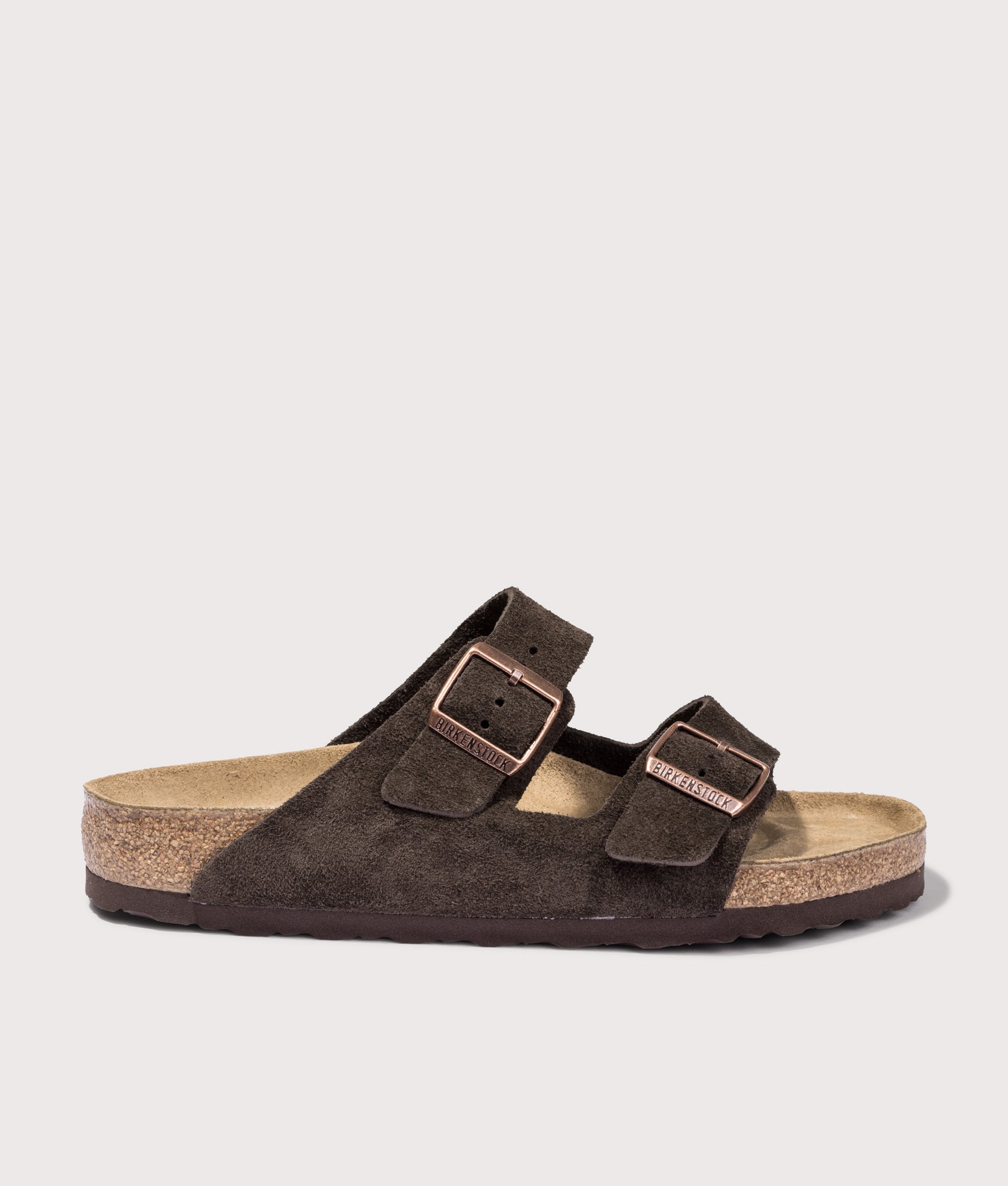 Birkenstock Arizona Suede Leather Sandals in Mocca. Shot at EQVVS.  Right shoe shot 