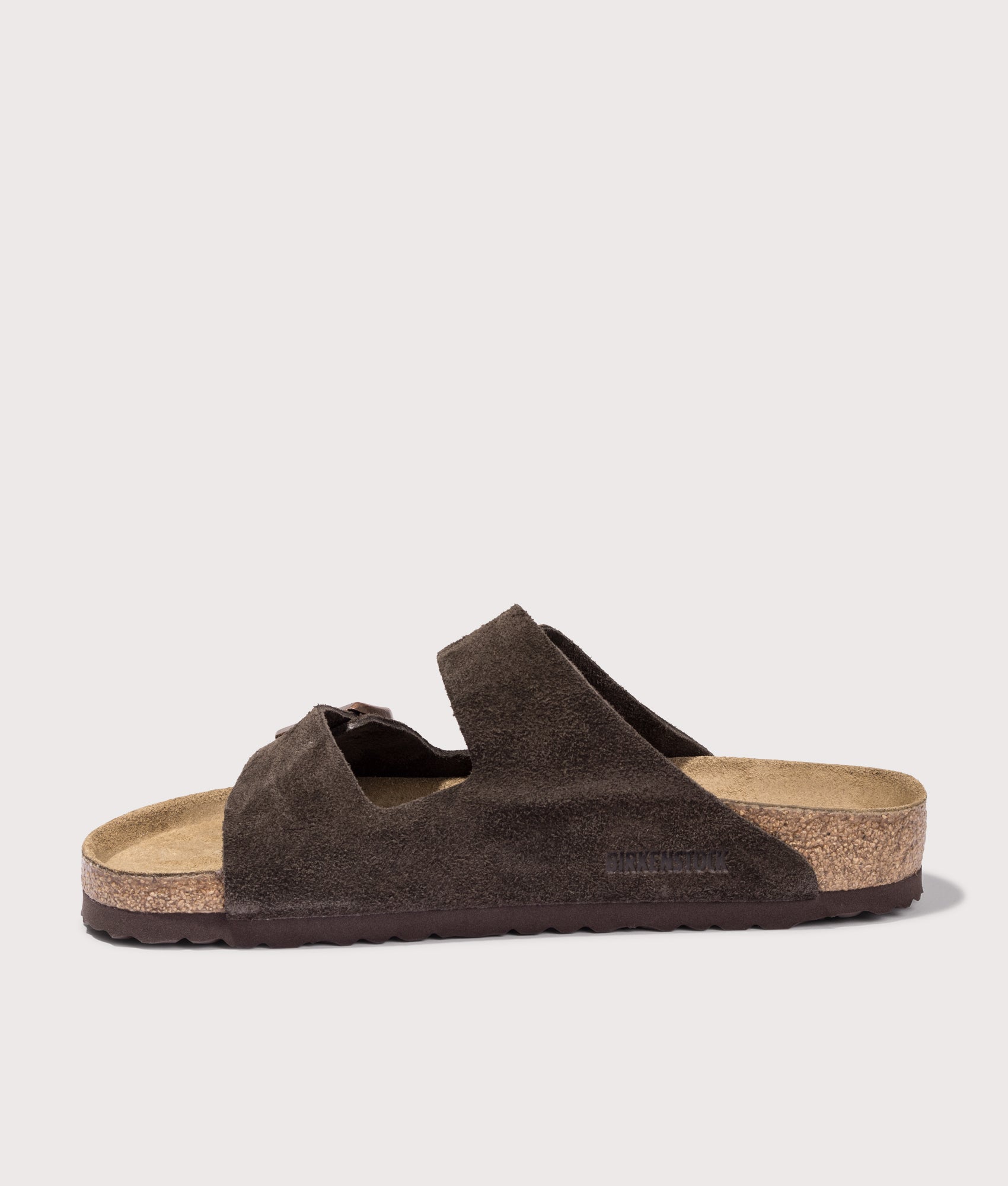 Birkenstock Arizona Suede Leather Sandals in Mocca. Shot at EQVVS. Inside right shoe shot 