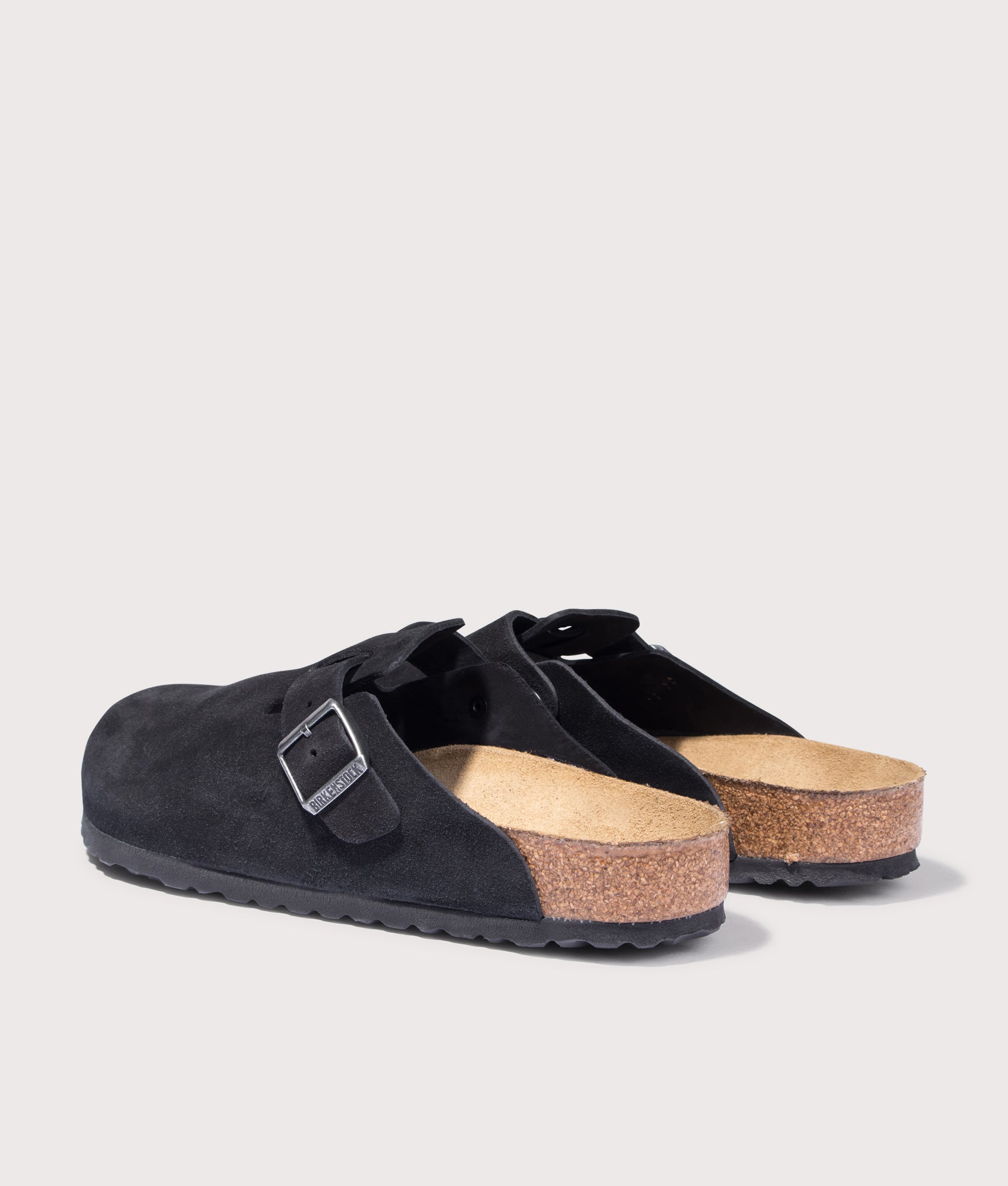 BIRKENSTOCK Boston Suede Leather Clogs in Black. Shot at EQVVS.  Back angle shot 