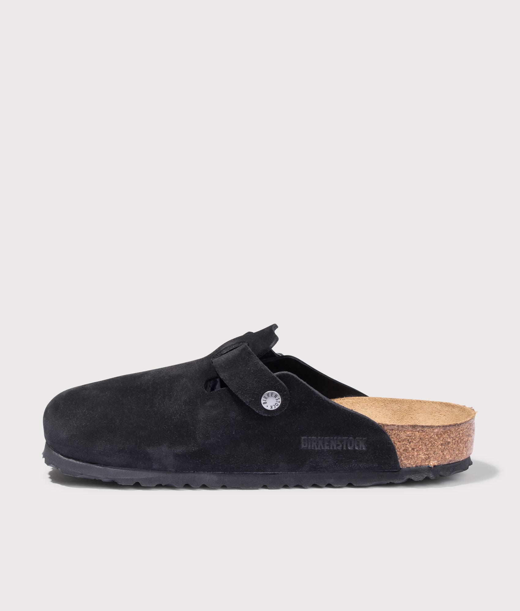 BIRKENSTOCK Boston Suede Leather Clogs in Black. Shot at EQVVS. Right shoe inside shot 