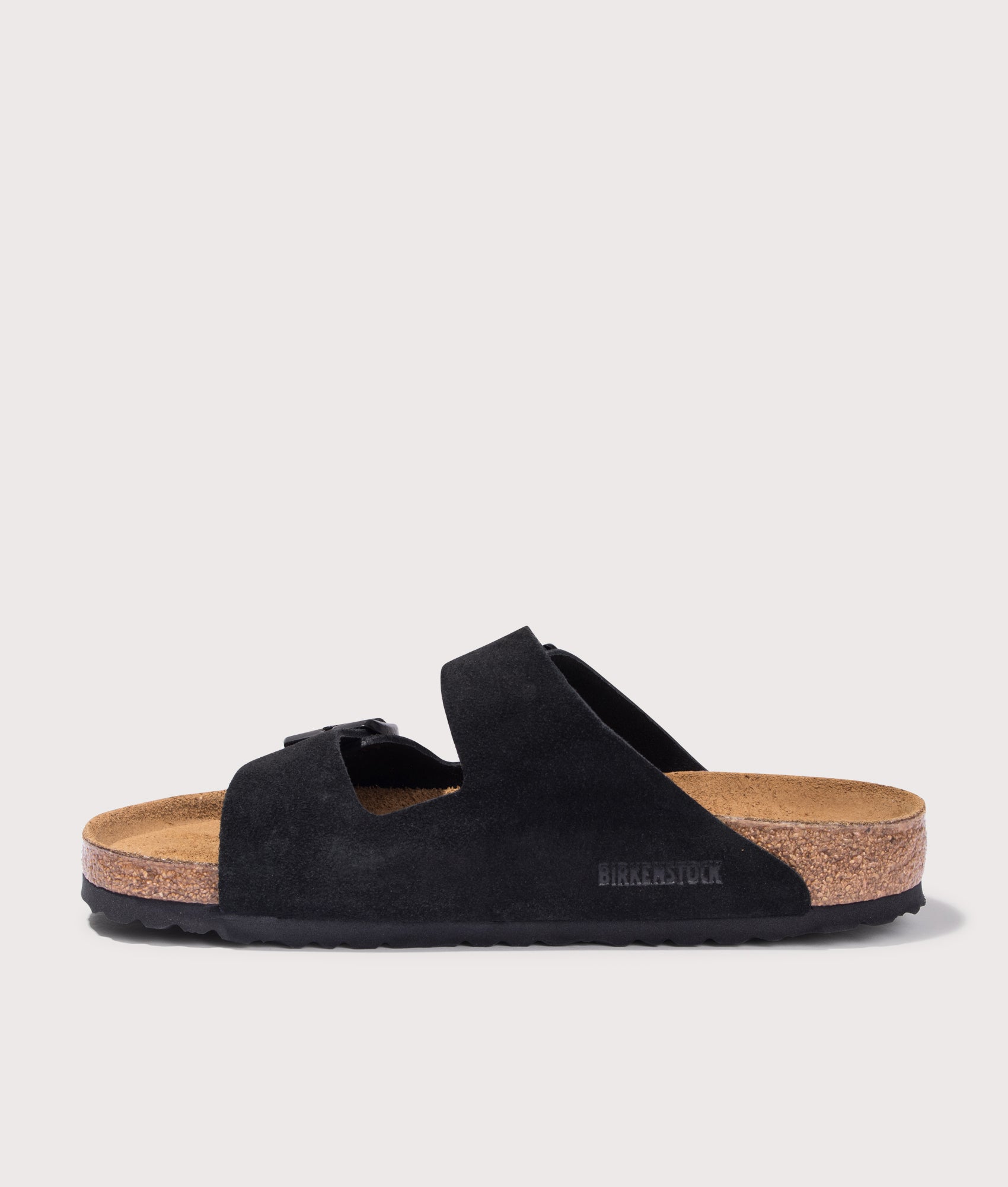 BIRKENSTOCK Arizona Suede Leather Sandals in Black. Shot at EQVVS. Inside right shoe shot 