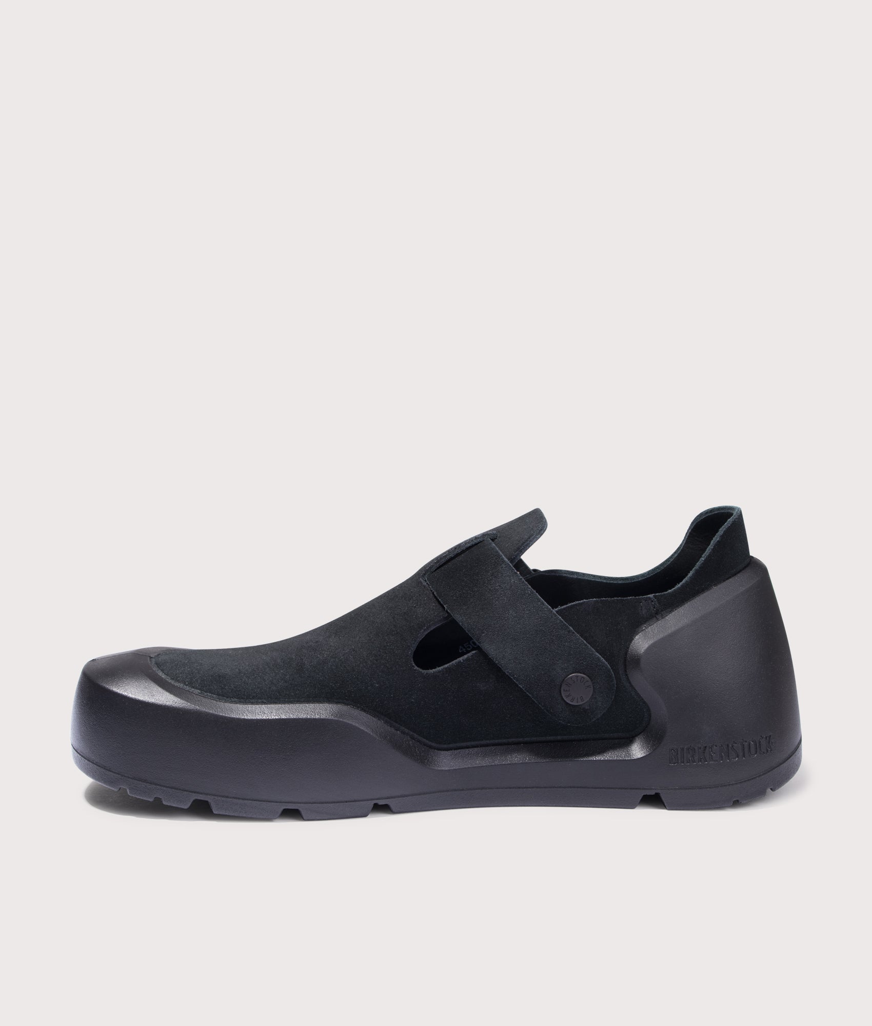 BIRKENSTOCK Reykjavik Nubuk Leather Shoes in Black. Shot at EQVVS. Right foot inside shot 