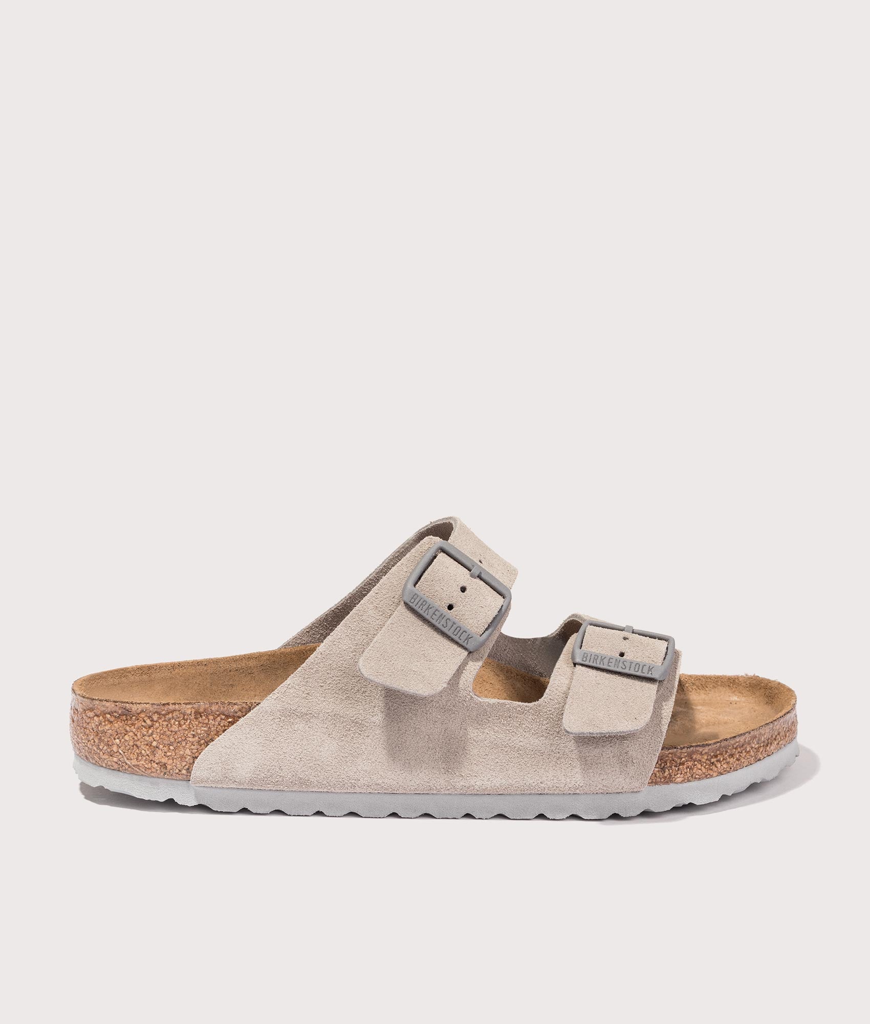 BIRKENSTOCK Arizona Suede Leather Sandals in Stone Coin. Shot at EQVVS. Side shot 