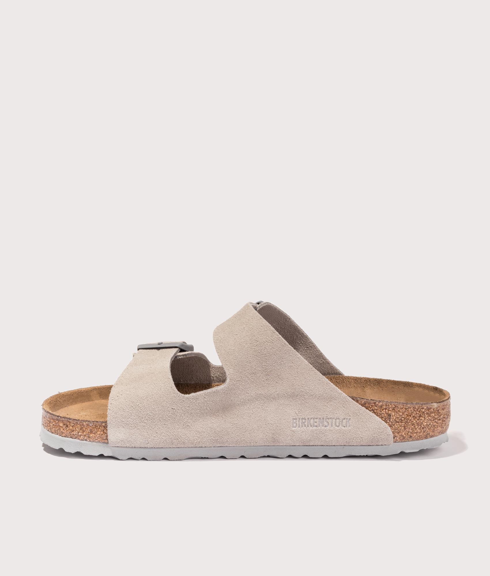 BIRKENSTOCK Arizona Suede Leather Sandals in Stone Coin. Shot at EQVVS.  Right foot inside shot 