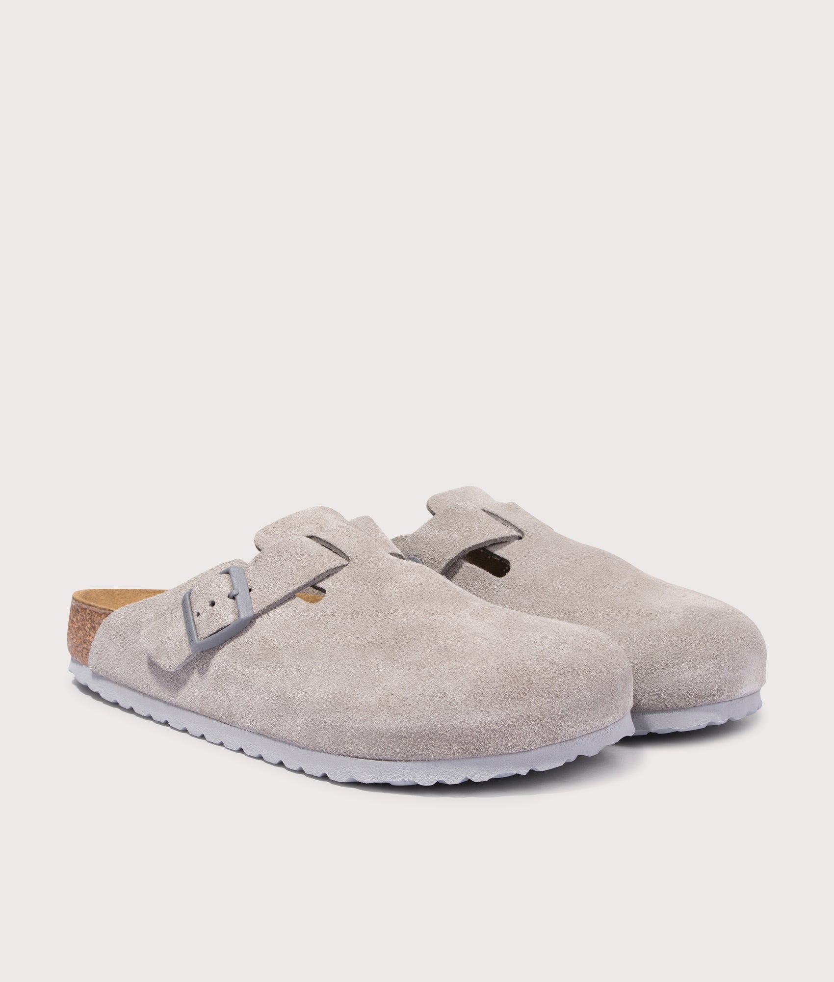 Birkenstock Boston Suede Leather Clogs in Stone Coin at EQVVS. Front shot.