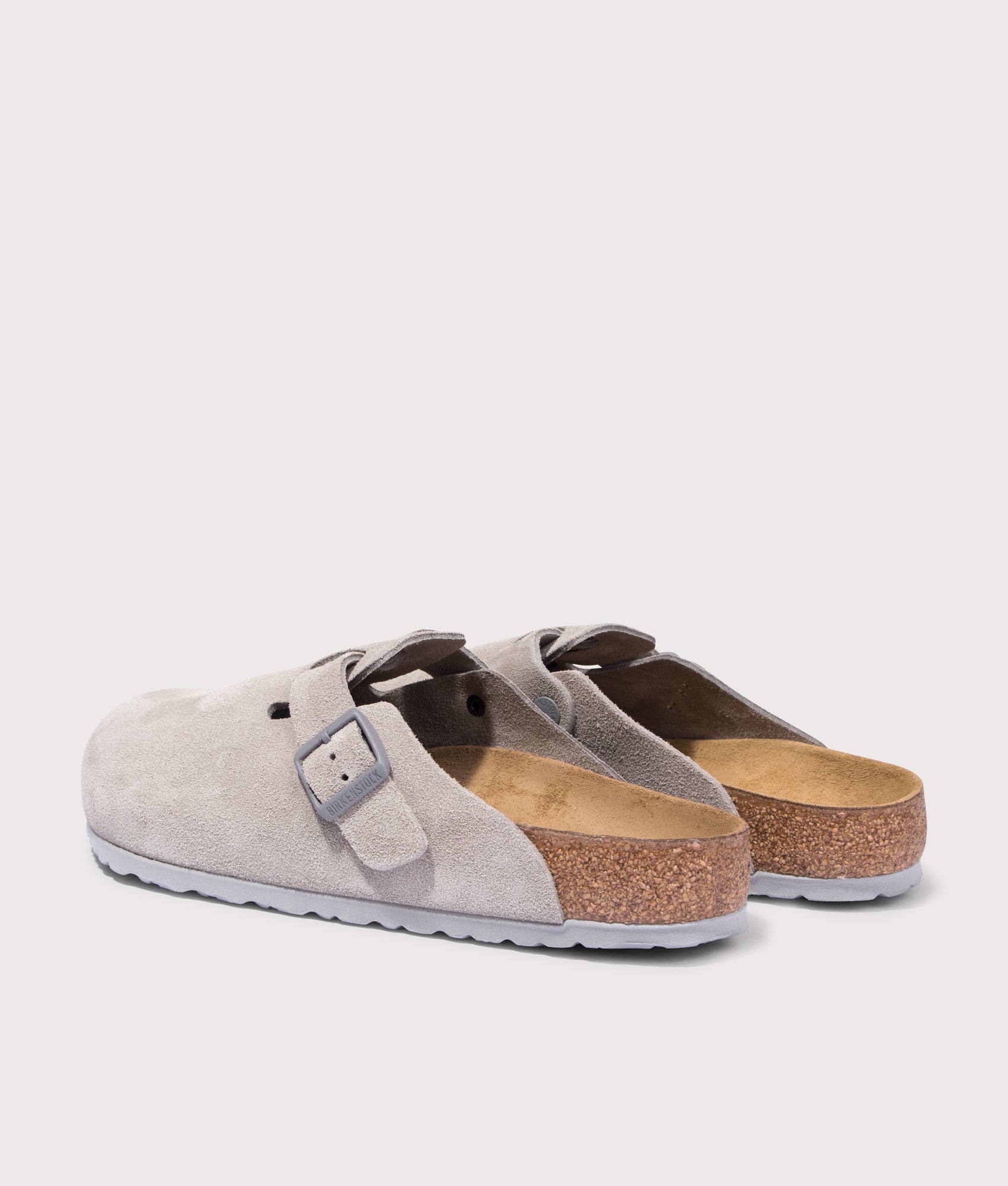 Birkenstock Boston Suede Leather Clogs in Stone Coin at EQVVS. Back shot.