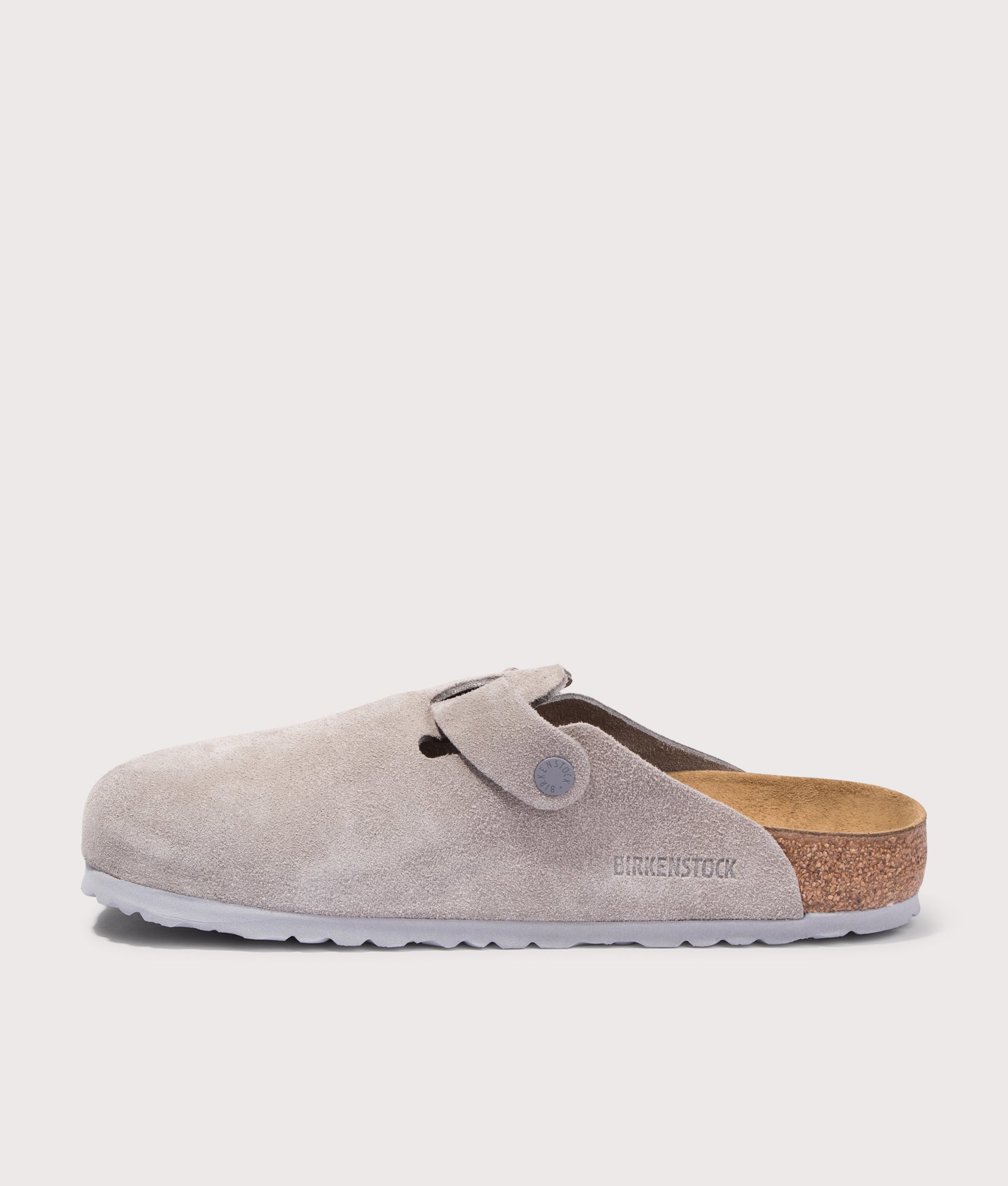 Birkenstock Boston Suede Leather Clogs in Stone Coin at EQVVS. Inside shot.