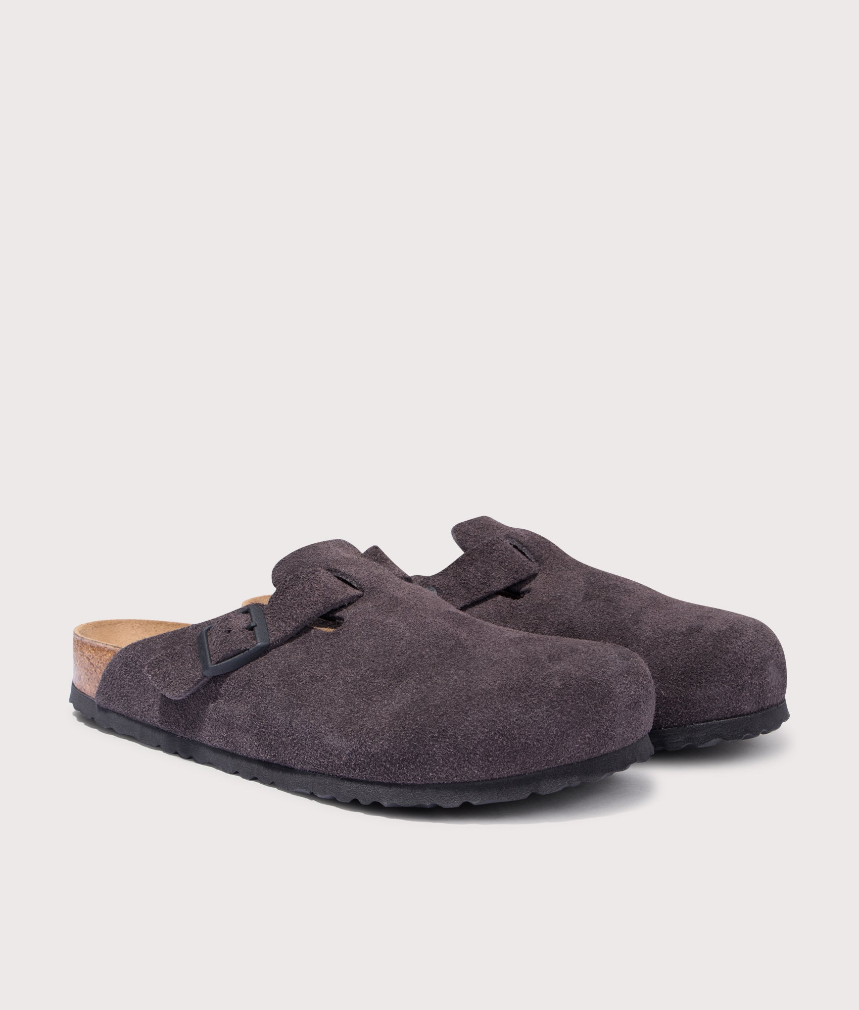 BIRKENSTOCK Boston Suede Leather Clogs in Velvet Grey at EQVVS. Front shot.