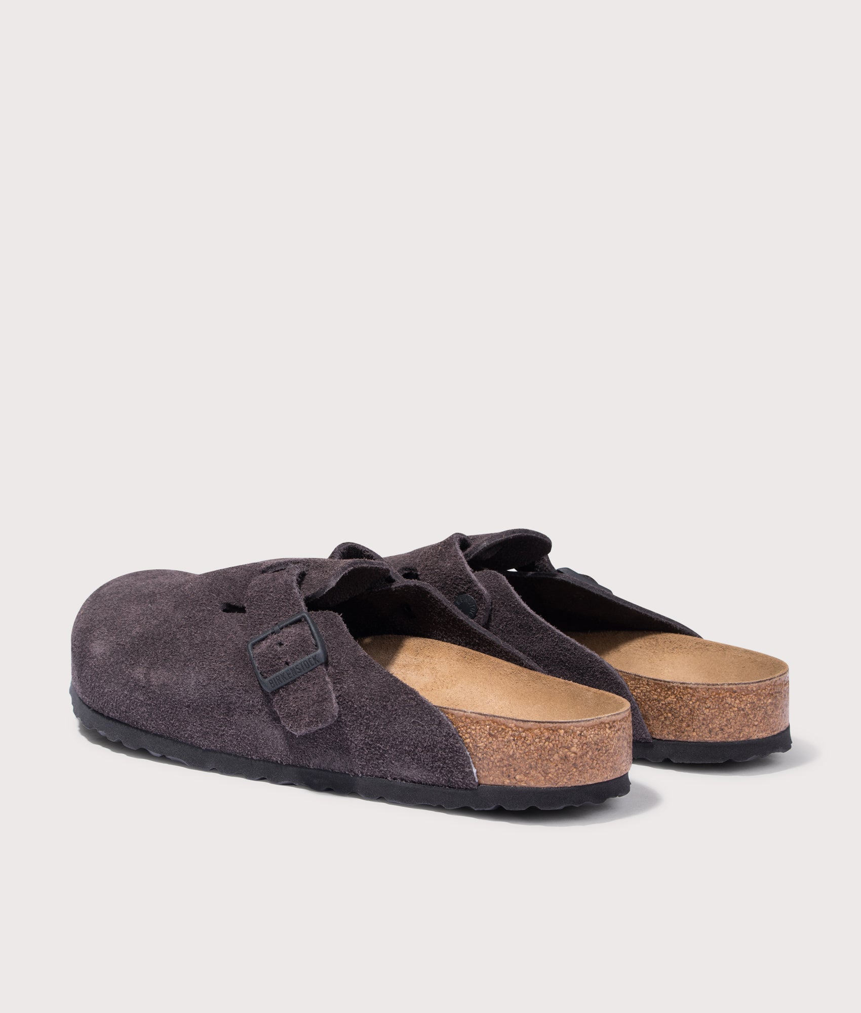 BIRKENSTOCK Boston Suede Leather Clogs in Velvet Grey at EQVVS. Back shot.