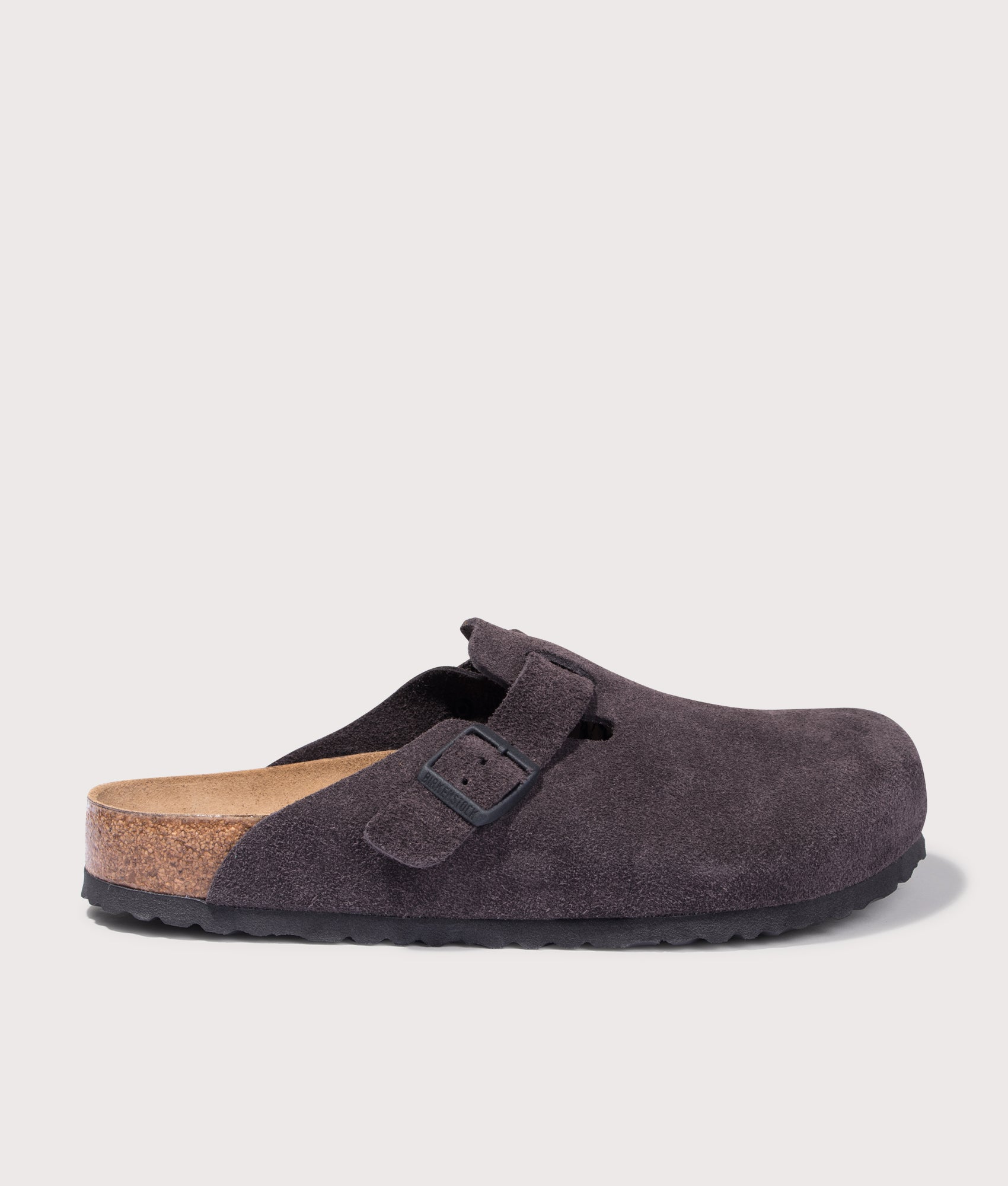 BIRKENSTOCK Boston Suede Leather Clogs in Velvet Grey at EQVVS. Side shot.