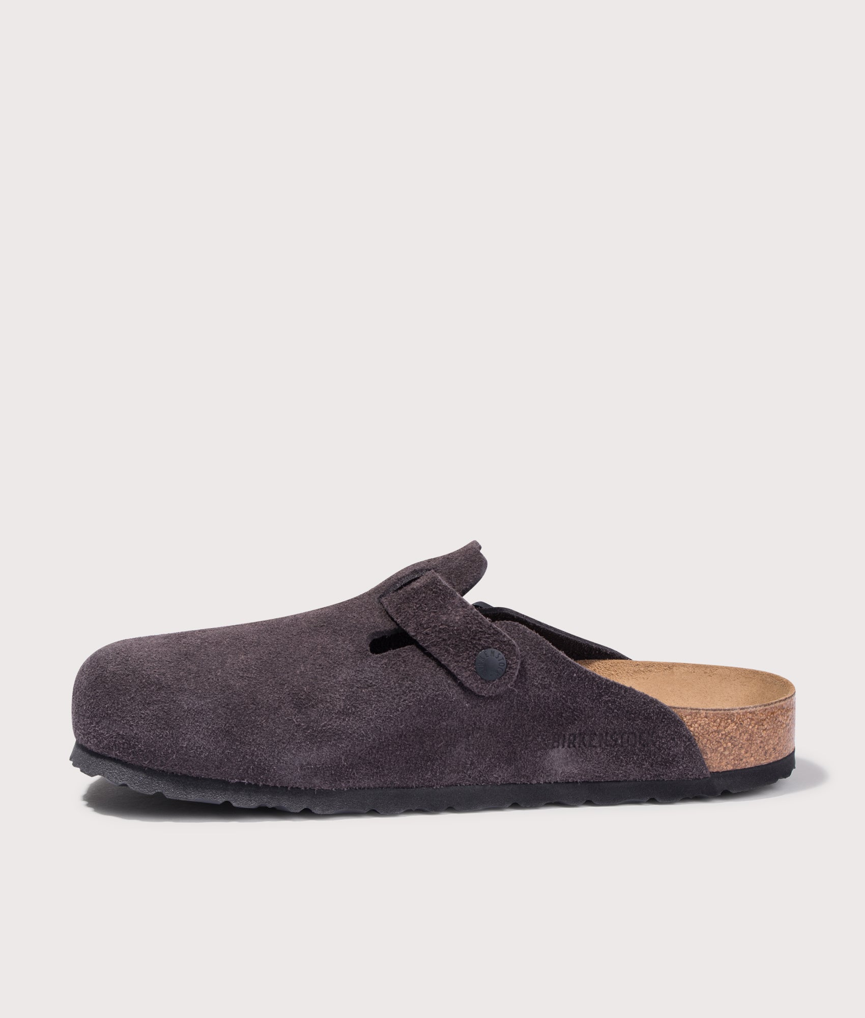 BIRKENSTOCK Boston Suede Leather Clogs in Velvet Grey at EQVVS. Inside shot.