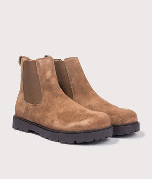 Highwood Slip On Suede Leather Boots by Birkenstock in Dark Tea. Shot by EQVVS. Front detail shot.