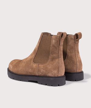 Highwood Slip On Suede Leather Boots by Birkenstock in Dark Tea. Shot by EQVVS. Back detail shot.