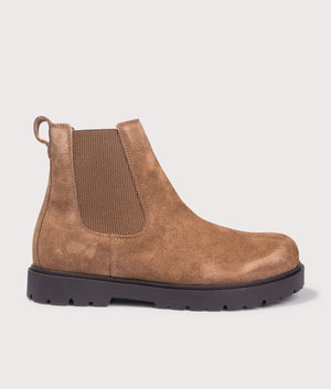 Highwood Slip On Suede Leather Boots by Birkenstock in Dark Tea. Shot by EQVVS. Front shot.