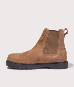 Highwood Slip On Suede Leather Boots by Birkenstock in Dark Tea. Shot by EQVVS. Back shot.