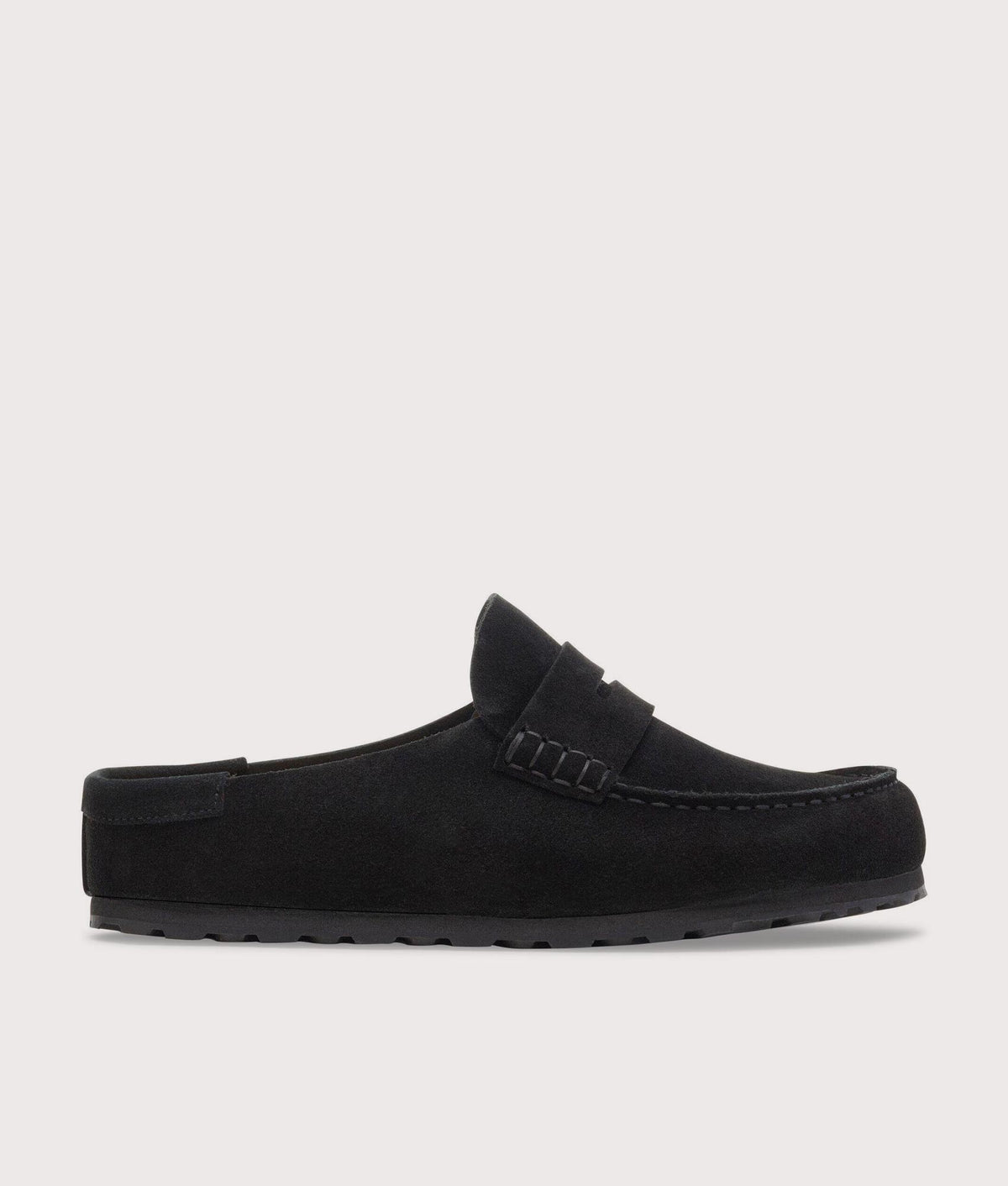 BIRKENSTOCK Naples Wrapped Suede Leather Clogs in Black at EQVVS Menswear. Side shot.