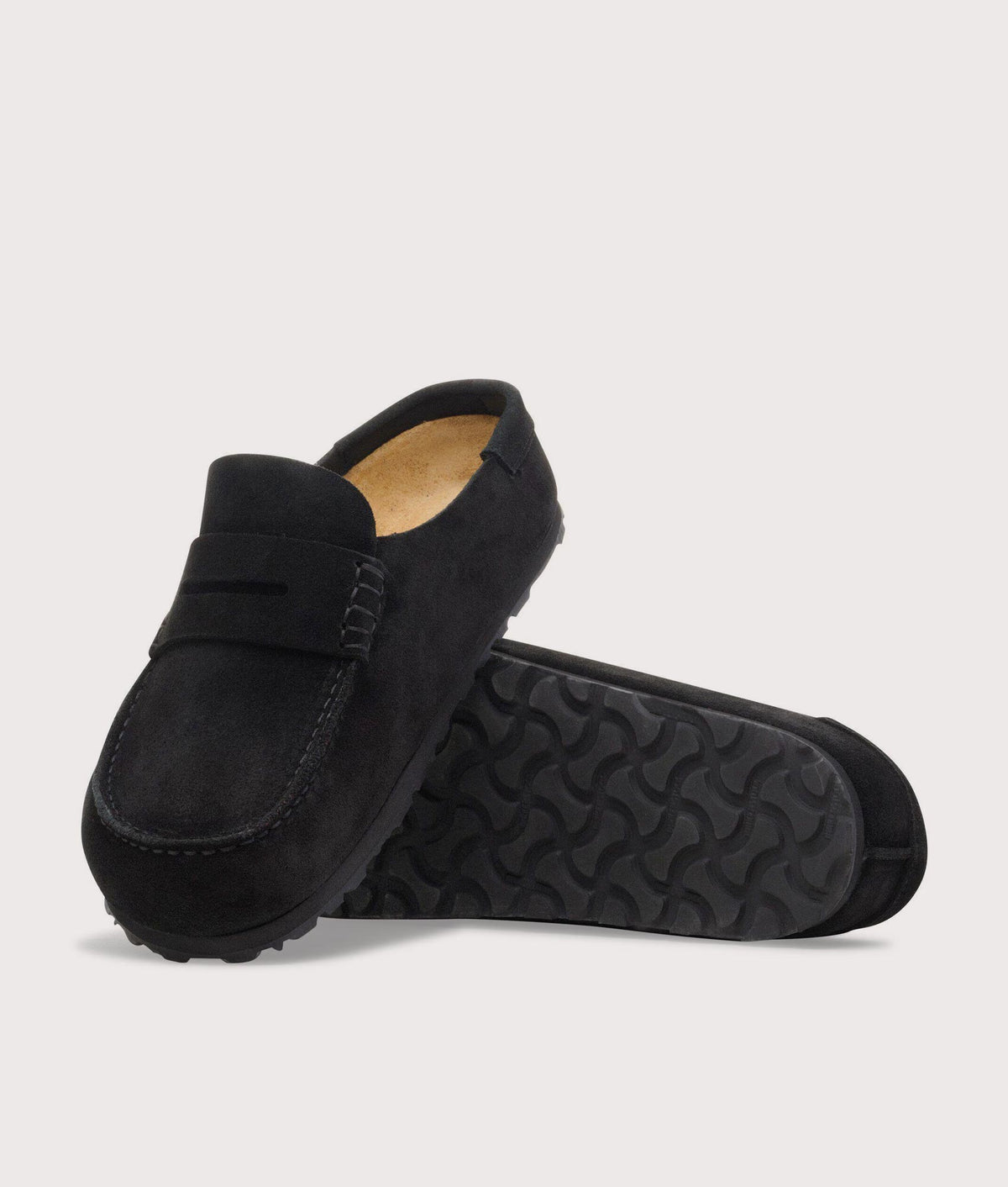 BIRKENSTOCK Naples Wrapped Suede Leather Clogs in Black at EQVVS Menswear. Tread shot.