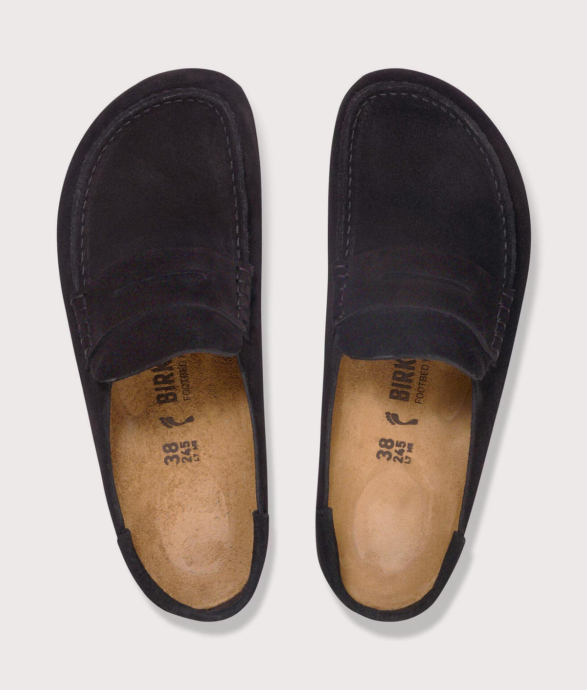 BIRKENSTOCK Naples Wrapped Suede Leather Clogs in Black at EQVVS Menswear. Top shot.