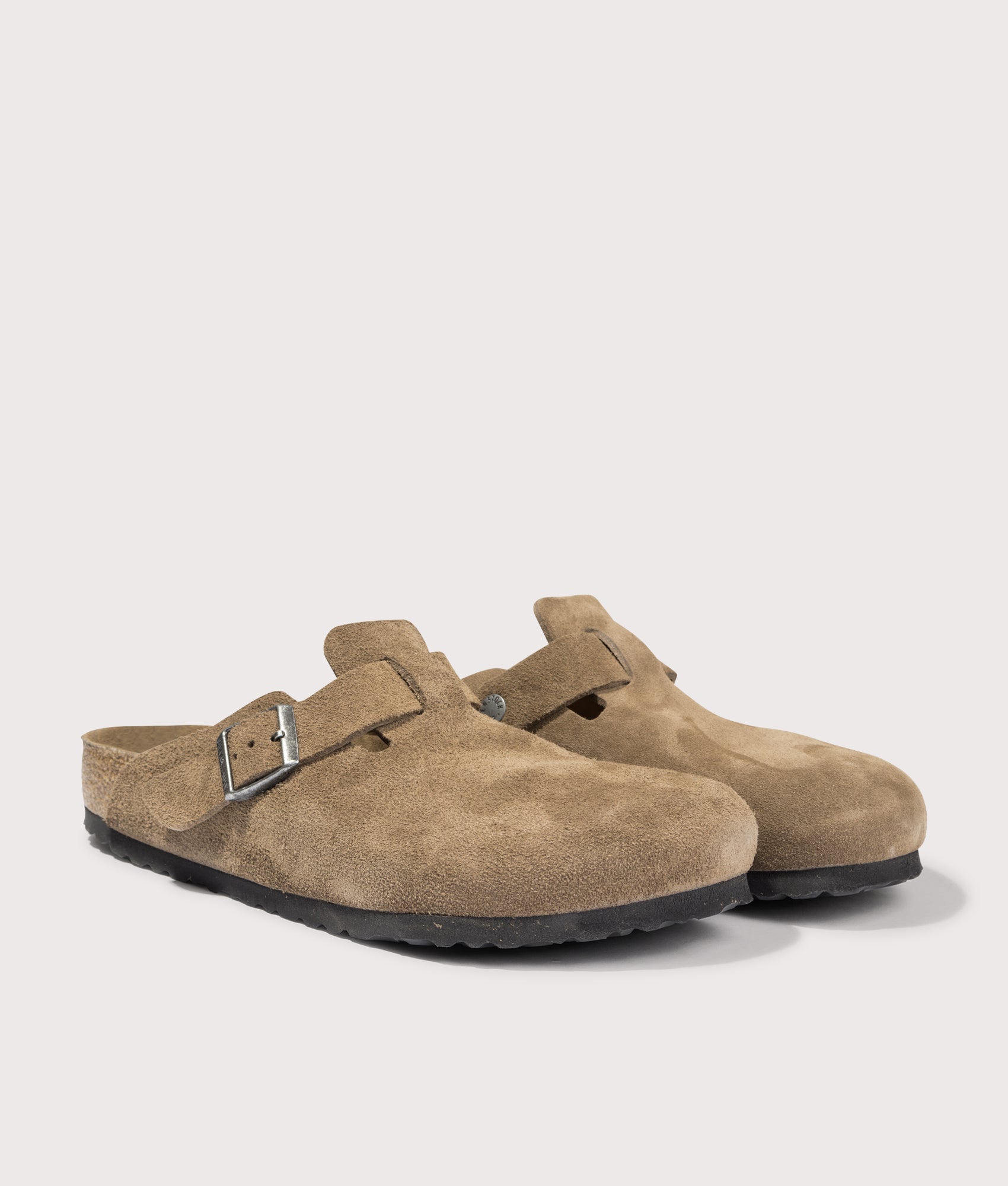 Boston Suede Leather Clogs by Birkenstock in Dark Tea Tonal. Shot by EQVVS. Front detail shot.