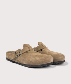Boston Suede Leather Clogs by Birkenstock in Dark Tea Tonal. Shot by EQVVS. Front detail shot.