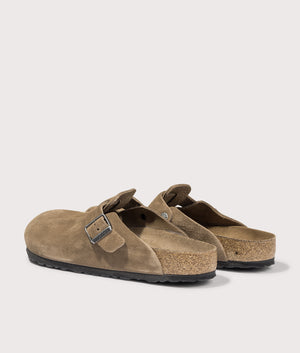 Boston Suede Leather Clogs by Birkenstock in Dark Tea Tonal. Shot by EQVVS. Back detail shot.