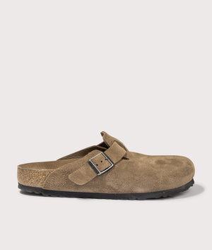 Boston Suede Leather Clogs by Birkenstock in Dark Tea Tonal. Shot by EQVVS. Front shot.