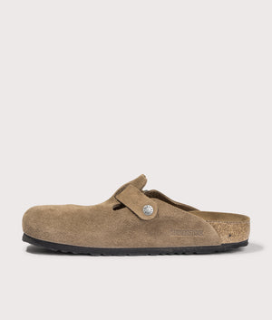 Boston Suede Leather Clogs by Birkenstock in Dark Tea Tonal. Shot by EQVVS. Back shot.