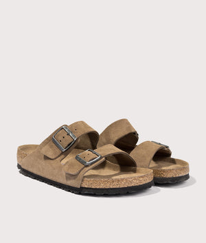Arizona Suede Leather Sandals by Birkenstock in Dark Tea Tonal. Shot by EQVVS. Front detail shot.