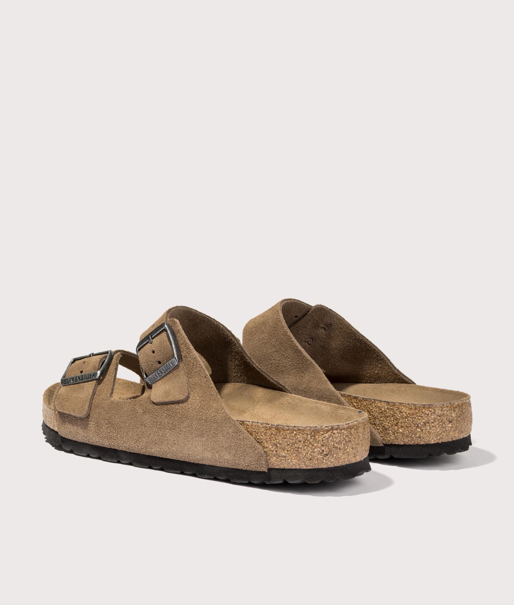 Arizona Suede Leather Sandals by Birkenstock in Dark Tea Tonal. Shot by EQVVS. Back detail shot.