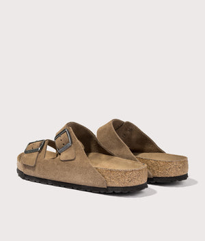 Arizona Suede Leather Sandals by Birkenstock in Dark Tea Tonal. Shot by EQVVS. Back detail shot.